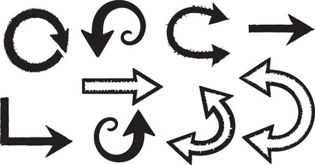 Set of black grunge hand drawn arrows isolated on white. Vector illustration