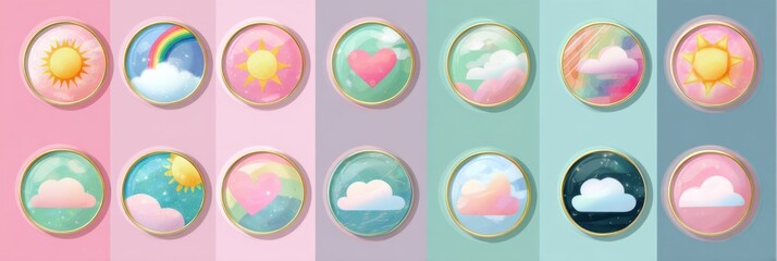 Colorful Button Designs Featuring Sun, Heart, Rainbow, and Cloud Themes Suited for Playful and Cheerful Applications or Websites
