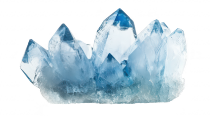 A stunning cluster of blue quartz crystals with sharp points and a frosty base. elegantly displayed against a pure white background. ideal for use in nature-themed designs or educational materials