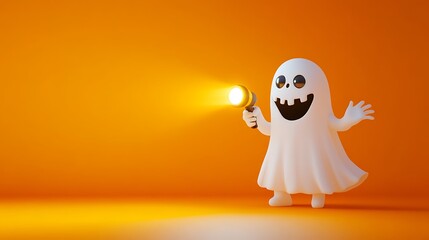 Obraz premium scary Halloween ghost holding a flashlight isolated on yellow background 