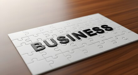 Conceptual representation of business strategy and solutions, featuring the word Business on a completed white jigsaw puzzle
