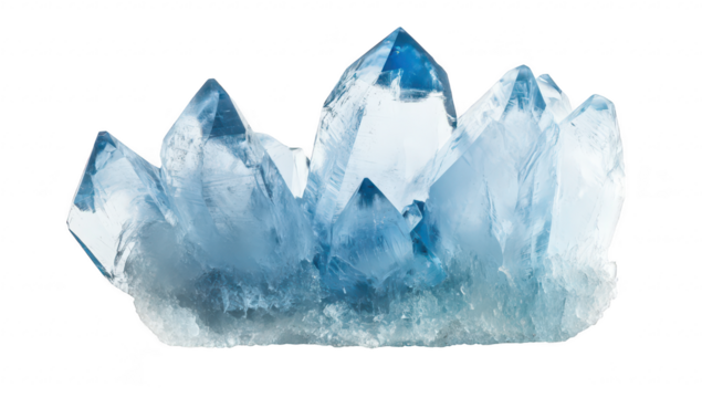 A stunning cluster of blue quartz crystals with sharp points and a frosty base. elegantly displayed against a pure white background. ideal for use in nature-themed designs or educational materials