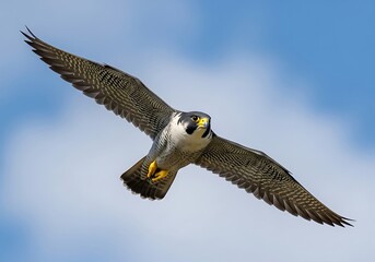 Majestic peregrine falcon soaring through the sky in dramatic flight motion.