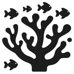 Coral Silhouette With Small Fish Swimming Around reef underwater futuristic silhouette vector icon