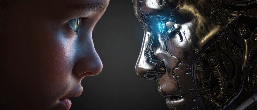 The Child and Android Face Standoff Symbolizing Human Emotion Versus Artificial Intelligence