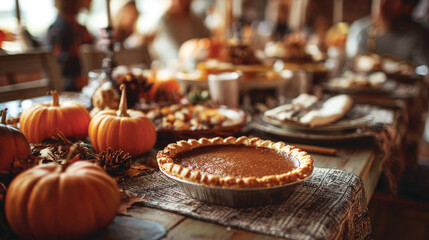 Thanksgiving festive dinner with homemade pumpkin pie, happy people around the table, eating and celebrating holiday together