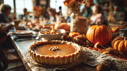 Thanksgiving festive dinner with homemade pumpkin pie, happy people around the table, eating and celebrating holiday together
