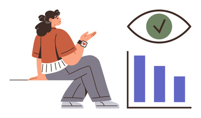 Woman gestures while reflecting on bar chart data with a checkmark in a green eye. Ideal for vision, evaluation, insight, analytics, decision-making, productivity, focus. Simple flat metaphor