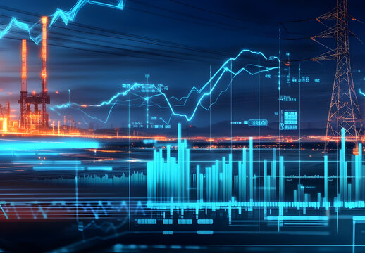 a promotional article about comparing and calculating energy prices, include money and graphs. futuristic scene