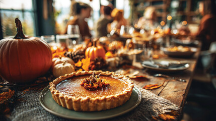 Thanksgiving festive dinner with homemade pumpkin pie, happy people around the table, eating and celebrating holiday together