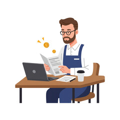 Business analysis A man, reading a newspaper, using a laptop, analyzing finances, office work