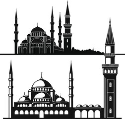Silhouette of mosque and Taj Mahal with Istanbul architecture illustration