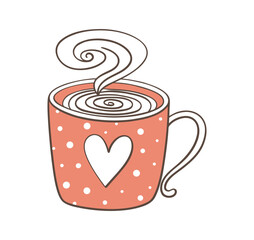 Steaming pink mug with polka dots and a heart, filled with coffee