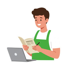 Cheerful male student or small business owner in an apron studying with a textbook and a laptop