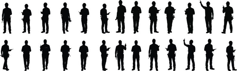 Collection of diverse business people silhouettes standing in various poses with subtle artistic details for modern design projects silhouette