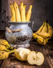 Bananas and apple in vintage pot