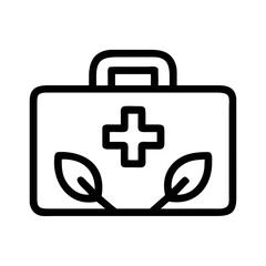 Outline icon of a medical bag with a cross and leaves for natural futuristic silhouette vector icon
