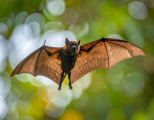 Bat in flight amidst foliage