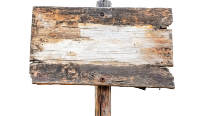 A weathered wooden signpost standing upright against a plain background. its rustic charm and potential for customization. perfect for outdoor events or directional signage