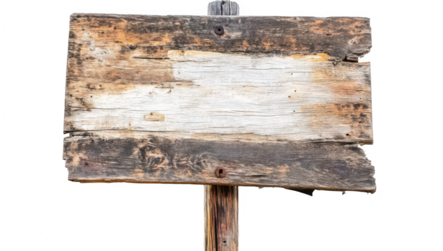 A weathered wooden signpost standing upright against a plain background. its rustic charm and potential for customization. perfect for outdoor events or directional signage - Powered by Adobe
