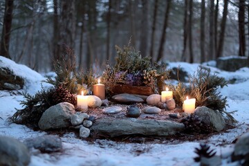 Mystical winter forest altar adorned with glowing candles, stones, and pinecones creates a serene, spiritual ambiance perfect for meditation or ritual