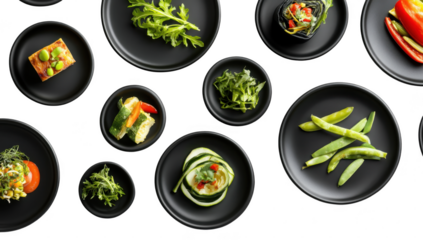 A arrangement of various fresh vegetables and salads presented on sleek black plates. a modern culinary display that highlights healthy eating and gourmet presentation