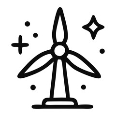 Black line art wind turbine with stars. Suitable for environmental, energy, and technology designs. Can be used for print or digital.