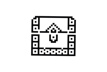 Monochrome pixelated vintage treasure chest shows a square and patterned design on a white background