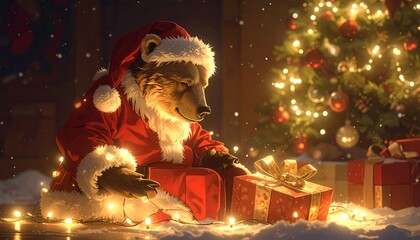 Bear in Santa suit opening a gift by a Christmas tree