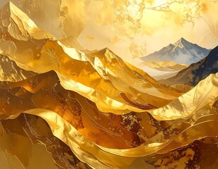 Golden, undulating mountains under a hazy, yellow sky