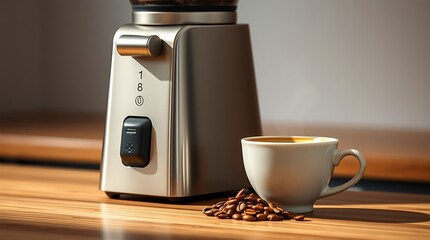 Close up of a coffee grinder with a cup of coffee and coffee beans on a wooden surface