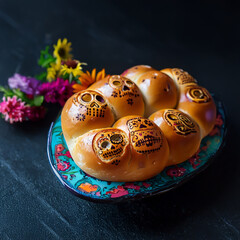 Día de los Muertos Decoration - Traditional Pan de Muerto with Sugar Skull Decoration Template