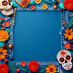 Día de los Muertos Decoration - Colorful Floral  Template with Mexican Skulls Decoration for Social Media