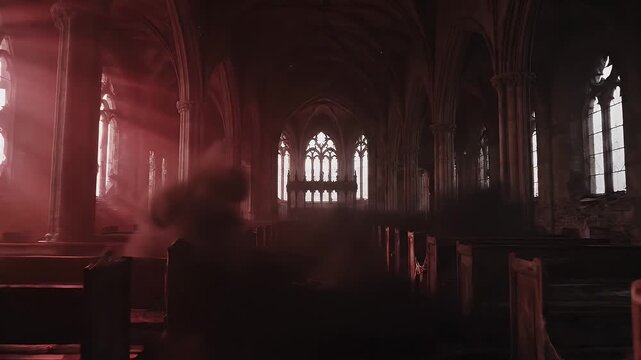 Desolate gothic church interior bathed in eerie red light and swirling dust, with broken pews and towering arched windows creating a haunting, mysterious atmosphere.