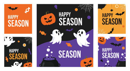 Spooky and fun Halloween designs featuring pumpkins, ghosts, bats, and candy create a festive atmosphere for seasonal greetings and promotions
