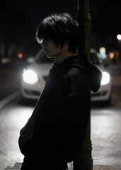 Teenage boy in emo style wearing black hoodie, fringe covering face, leaning against lamppost with silhouette illuminated by white headlights, alternative youth subculture
