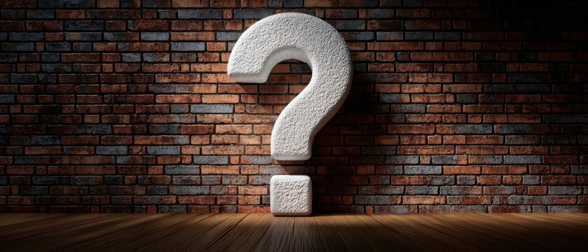 The Question Mark Sculpture Standing Dramatically Against a Brick Wall on Wooden Floor