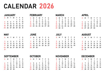 2026 calendar. monthly calendar template for 2026 year. classic minimalist calendar 2026. week starts on Sunday. Vector illustration on transparent background. diary planner for 2026 year.