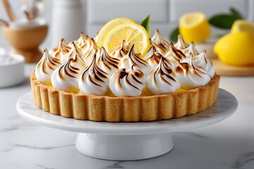 Lemon meringue pie recipe captured from a top view in a bright kitchen setting, showcasing culinary delight for all occasions.