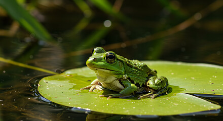 Fototapeta premium Green Frog Resting on a Lily Pad in Sunlight