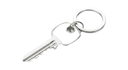 A single house key on a simple metal keyring, a plain object isolated against a clean white background for easy use