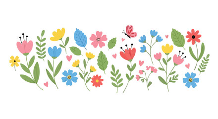 Vibrant blooming wildflowers and delicate butterfly create a cheerful springtime border, perfect for joyful celebrations and natural designs.