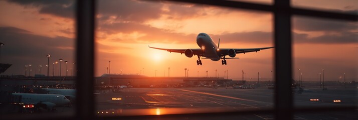 Stunning commercial airplane ascending into a vibrant sunset sky over a busy airport tarmac, symbolizing travel and opportunity
