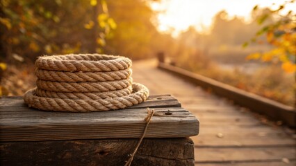 Coiled rope sits on a wooden surface in a tranquil outdoor setting