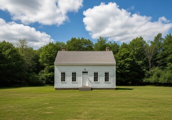 A small, white, historic wooden house stands in a grassy field under a bright blue sky with fluffy white clouds