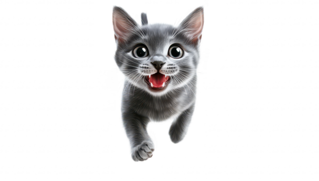 A playful gray kitten joyfully running towards the viewer with an excited expression. set against a clean white background. perfect for pet-related content or illustrations