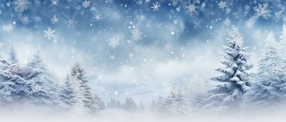 Christmas banner background, winter panoramic with snow-covered fir branches and snowfall flakes, Generative AI