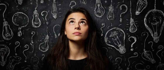 The woman looking up at a chalkboard covered in sketched lightbulbs and question marks