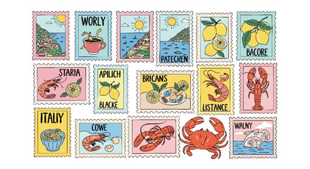 Vibrant collection of postage stamps featuring Italian coastal scenes, fresh seafood, and bright citrus fruits, perfect for travel and culinary themes