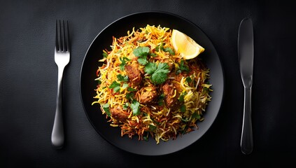 Savor the exquisite flavors of aromatic chicken biryani beautifully presented with fresh cilantro and a lemon wedge, ready for a delightful meal experience